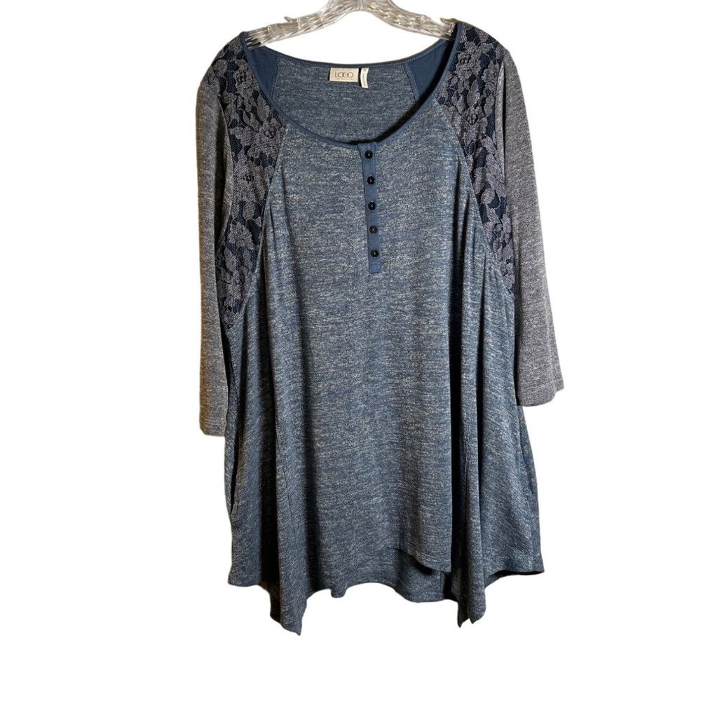 Logo Women's Blue & Grey Lace Henley Top Size 1X*
